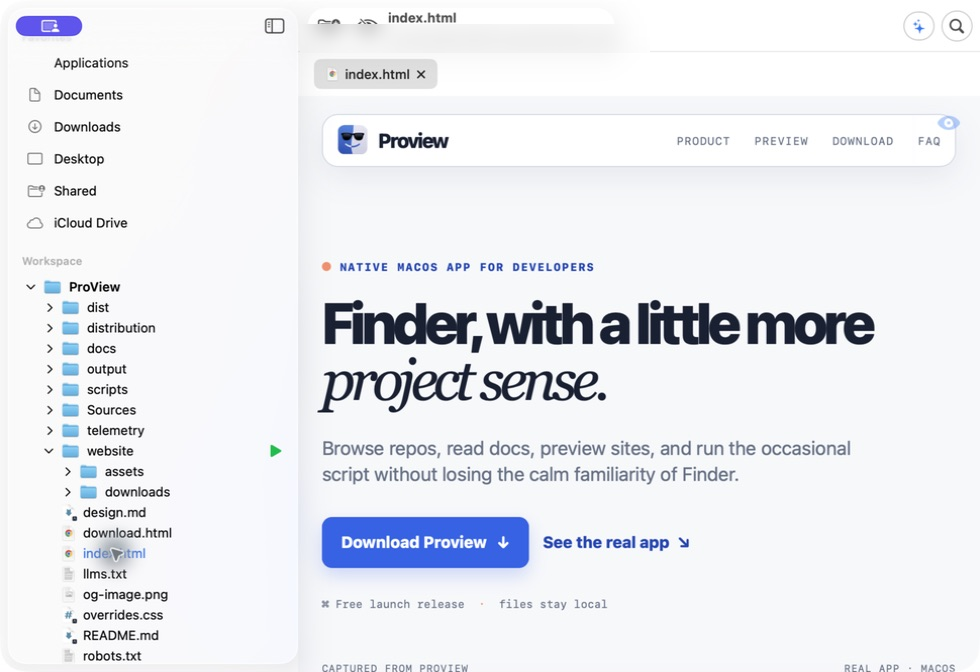 Proview in light mode showing the website rendered as HTML with the project play control visible